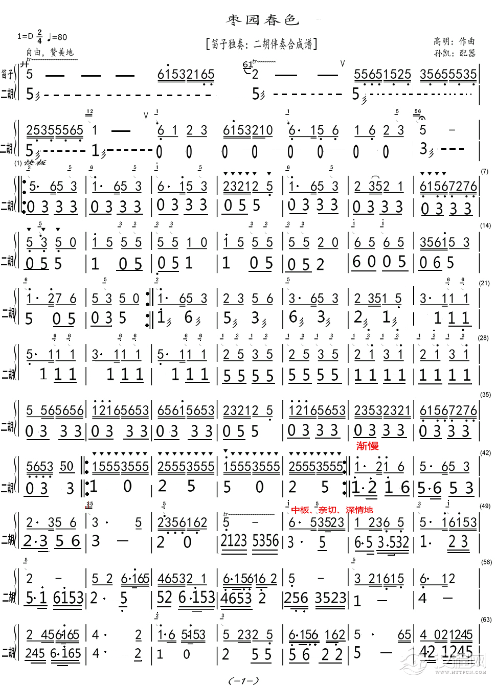 枣园春色（笛子独奏二胡合成谱）_简谱