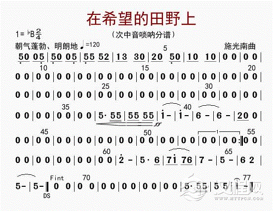 在希望的田野上（次中音唢呐）_简谱