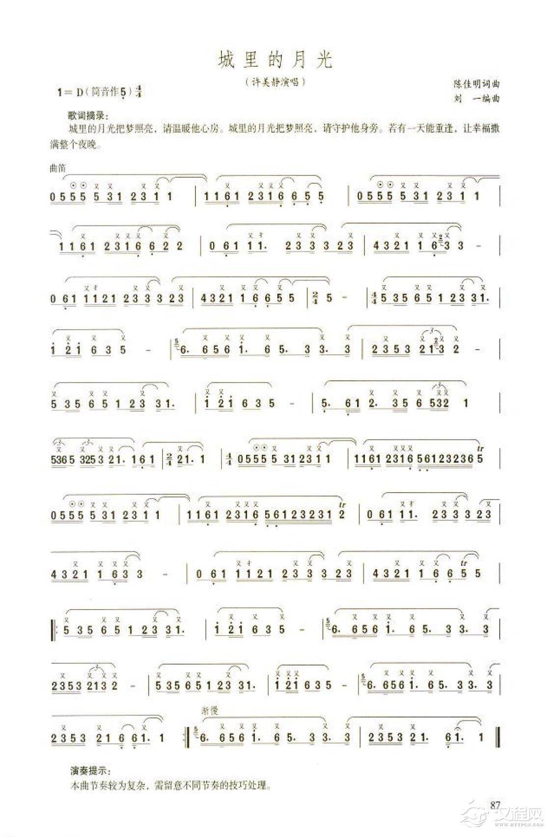 笛子流行金曲《城里的月光》高级独奏乐谱