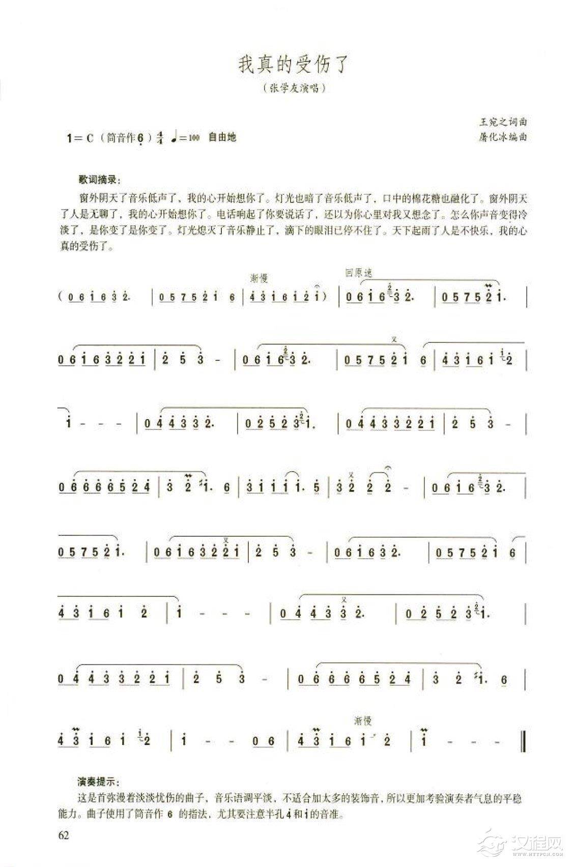 笛子流行金曲《我真的受伤了》中级独奏乐谱