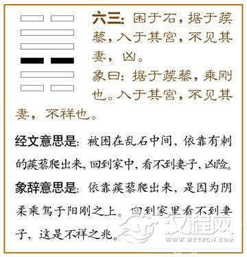 困卦第三爻，爻辞：六三：困于石，据于蒺藜；入于其宫，不见其妻，凶。