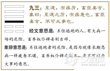 遁卦第三爻，爻辞：九三：系遁，有疾厉，畜臣妾，吉。