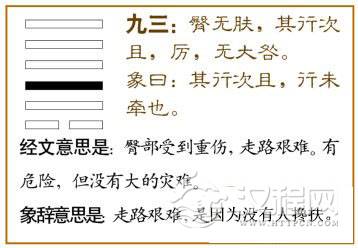 姤卦第三爻，爻辞：九三：臀无肤，其行次且；厉，无大咎。