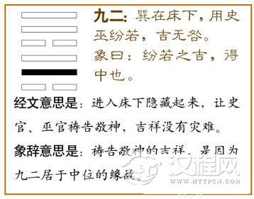 巽卦第二爻，爻辞：九二：巽在床下，用史巫纷若，吉无咎。