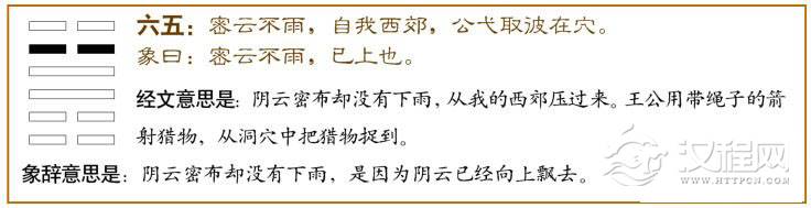 小过卦第五爻，爻辞：六五：密云不雨，自我西郊；公弋取彼在穴。爻辞释义