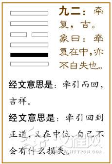 小畜卦第二爻，爻辞：九二：牵复，吉。