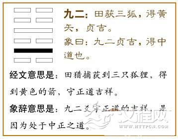 解卦第二爻，爻辞：九二：田获三狐，得黄矢；贞吉。