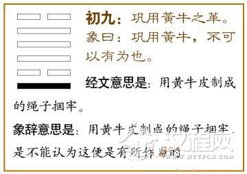 革卦第一爻，爻辞：初九：巩用黄牛之革。