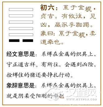 姤卦第一爻，爻辞：初六：系于金柅，贞吉；
