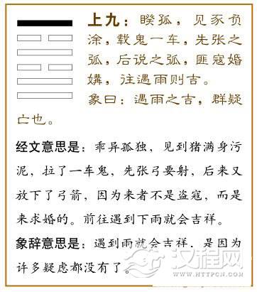上九：睽孤，见豕负涂，载鬼一车，先张之弧，后说之弧；匪宼，婚媾；往遇雨则吉。爻辞释义