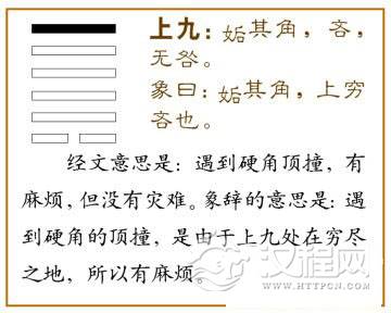 姤卦第六爻，爻辞：上九：姤其角；吝，无咎。