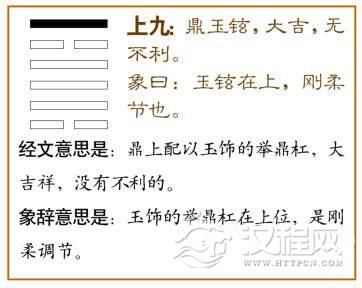 鼎卦第六爻，爻辞：上九：鼎玉铉，大吉，无不利。